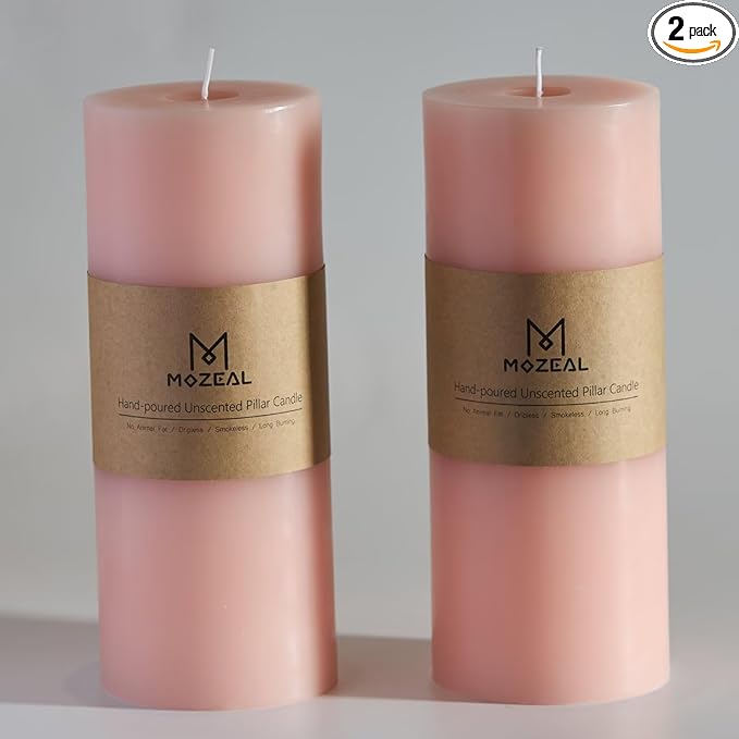 MOZEAL 4" x 10" Extra-Large Pearl Blush Pillar Candles (Set of 2), Unscented, Dripless, Smokeless
