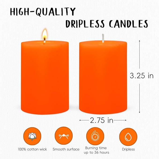 6 Packs 2.75x3.25 Inch Orange Pillar Candles, Unscented Dripless Non-Toxic Smokeless Fall Colored