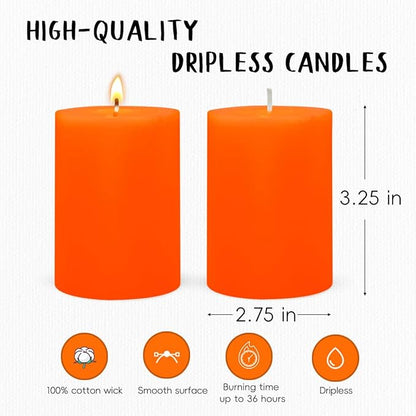 6 Packs 2.75x3.25 Inch Orange Pillar Candles, Unscented Dripless Non-Toxic Smokeless Fall Colored