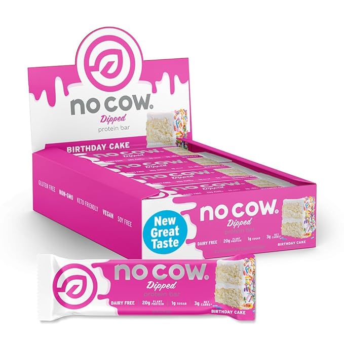 No Cow Vegan Protein Bars, Upgraded Birthday Cake | 20g Plant Based Protein, Gluten Free, Dairy