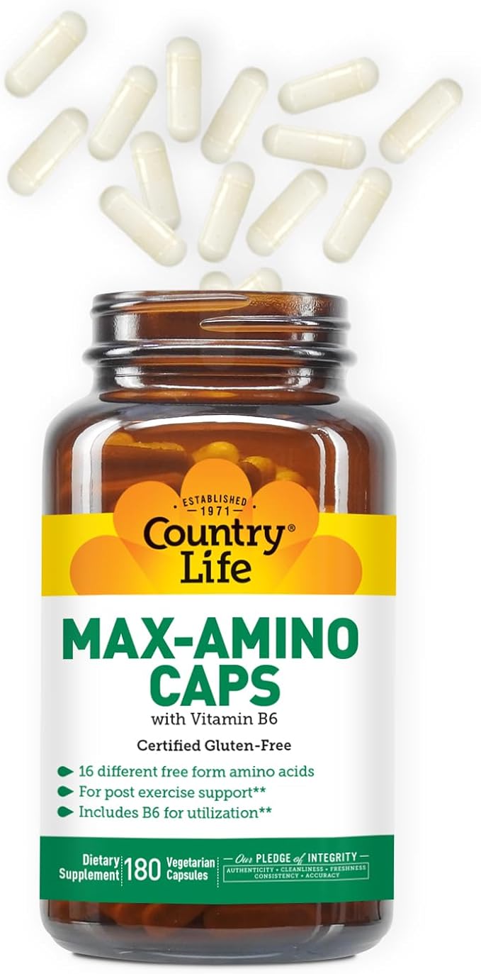 Country Life Maxi-Amino with 16 Free Form Amino Acids, 180 Vegetarian Capsules, Certified Gluten