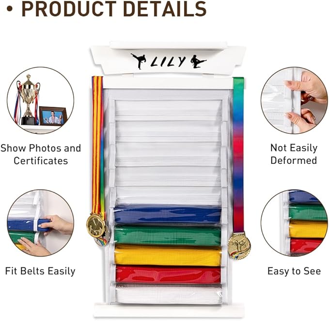 Tilhumt 12/10 Belts Karate Belt Display Rack with Stickers, Taekwondo Belt Display with