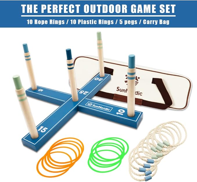 Wooden Ring Toss Game Set, Backyard Beach Camping Game with Toss Rings & Portable Carrying Bag