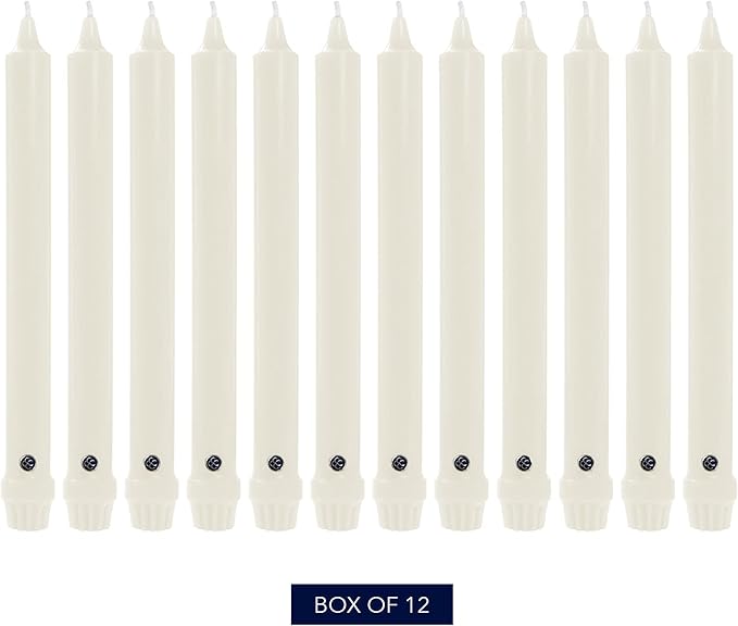 Colonial Candle Unscented Taper Candle, Classic Collection, White, 8 In, Pack of 12 - Up to 6 Hours
