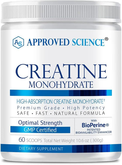 Approved Science Creatine Monohydrate Powder with BioPerine - Supports Lean Muscle Growth and