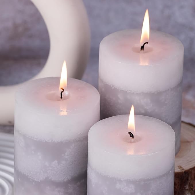 KONNI Gray Layered Pillar Candles Set of 3, 3"x 4" Unscented Pillar Candles Bulk, 39 Hours Long