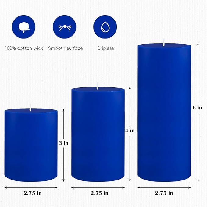 Set of 3 Different Size Blue Colored Pillar Candles, Unscented Dripless 2.75x3, 2.75x4, 2.75x6 Inch