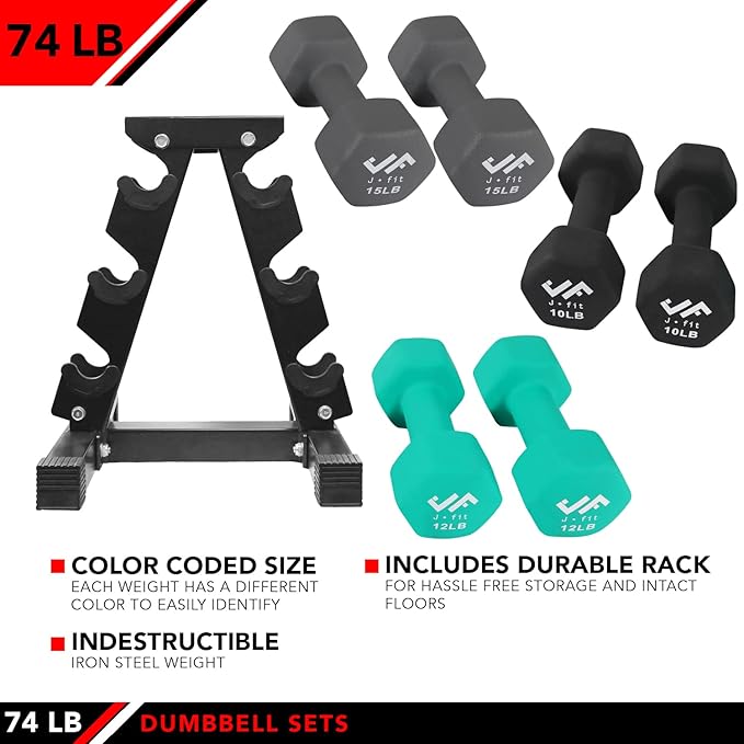 JFIT Dumbbell Pairs or Sets – Neoprene & Vinyl Coated Hand Weights for Home Gym, Strength Training