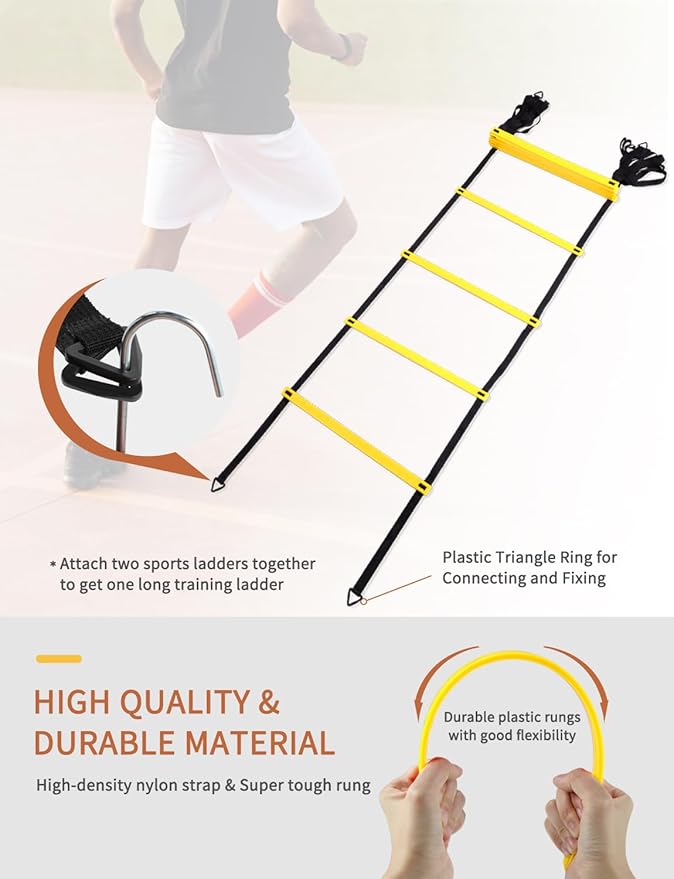 GHB Agility Ladder,Football Training Equipment Set,4 Agility Hurdles, 20 feet12 Rungs Speed