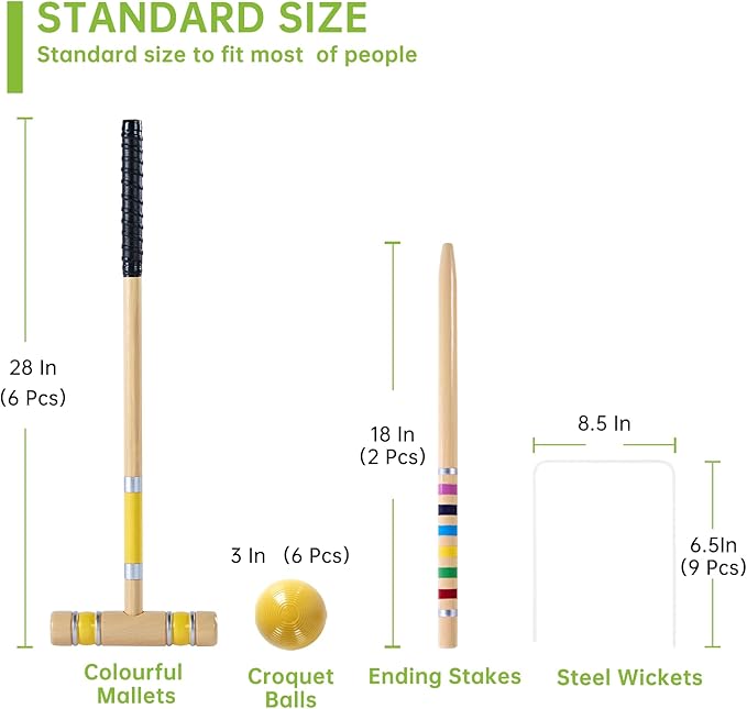 Pointyard 28" Croquet Set for 6 Players - Premium Wooden Mallets, Colored Balls & Carry Bag - Fun