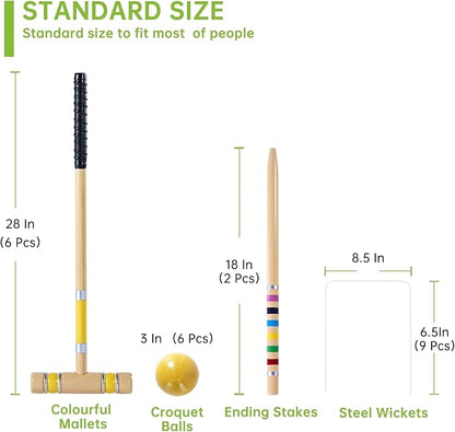 Pointyard 28" Croquet Set for 6 Players - Premium Wooden Mallets, Colored Balls & Carry Bag - Fun
