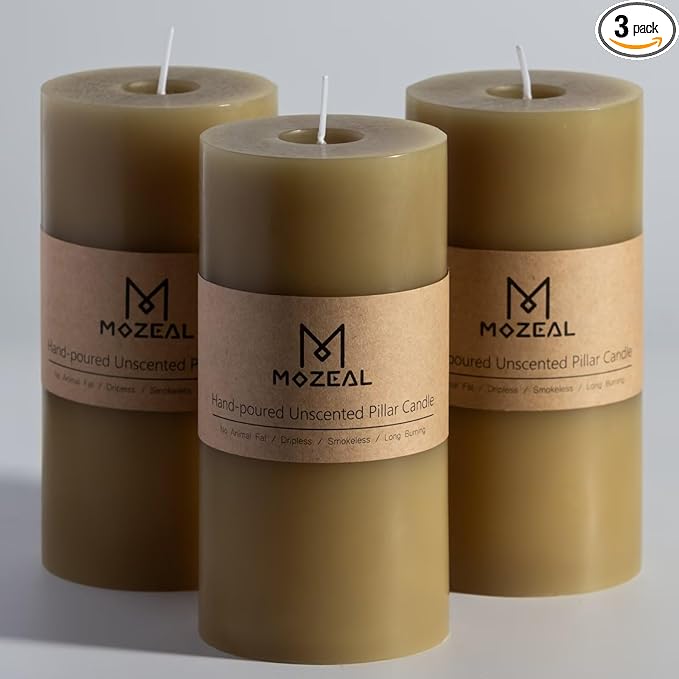 MOZEAL 3" x 6" Hand-Poured Unscented Candle, Dripless Pillar Candle Set of 3, Long Lasting Burning