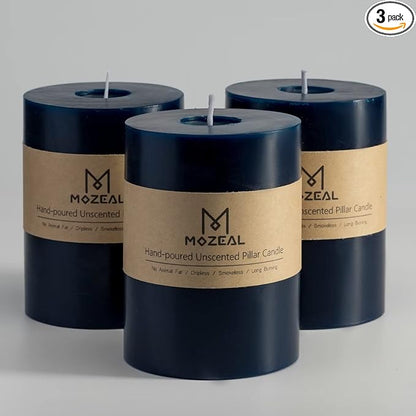MOZEAL 3" x 4" Hand-Poured Unscented Candle,Dripless Pillar Candle Set of 3,Long Clean