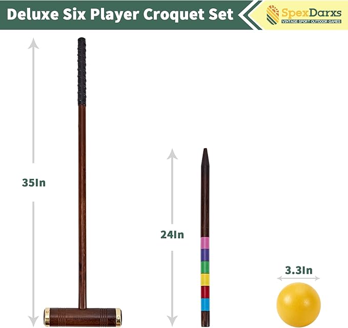 Six Player Croquet Game, 35’’ Croquette Set with Premium Wooden Mallets/Colored