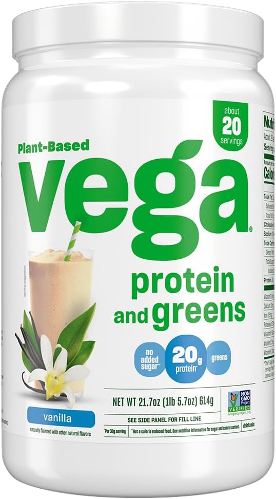 Vega Protein and Greens Protein Powder, Vanilla - 20g Plant Based Protein Plus Veggies, Vegan, Non