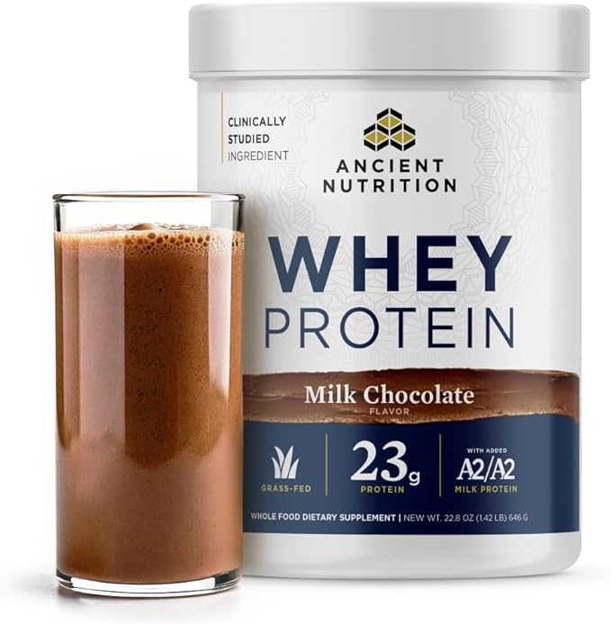 Ancient Nutrition Grass Fed Whey Protein, Milk Chocolate, 23g Protein, 20 Servings, Hydrolyzed