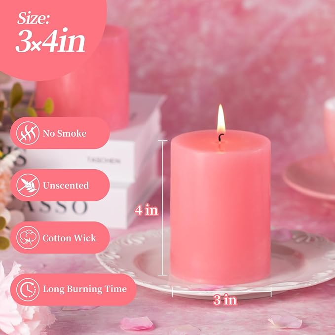 KONNI Pink Pillar Candles Set of 3, 3"x 4" Unscented Pillar Candles Bulk, 39 Hours Long Burning