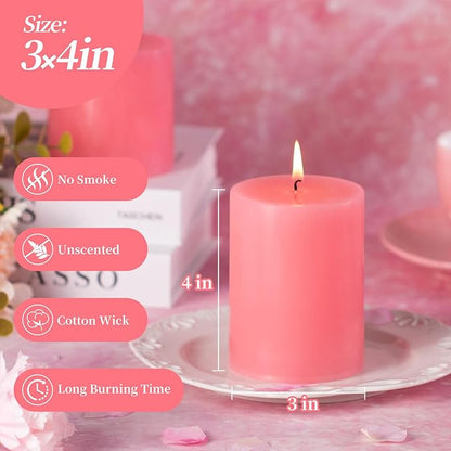 KONNI Pink Pillar Candles Set of 3, 3"x 4" Unscented Pillar Candles Bulk, 39 Hours Long Burning