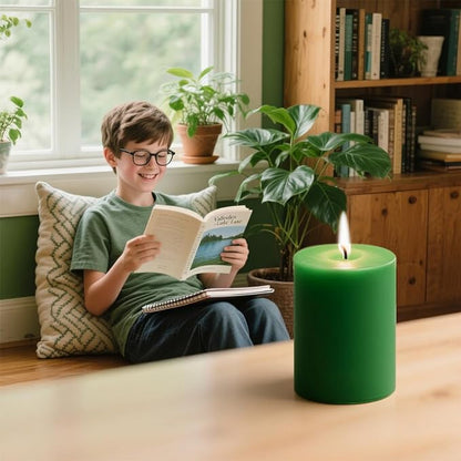 Green Unscented Pillar Candles 3-Pack ??Dripless & Smokeless, Long-Burning Thick Candles (2",3",4"