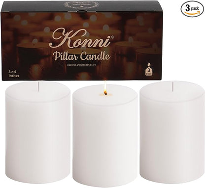 KONNI White Pillar Candles Set of 3, 3"x 4" Unscented Pillar Candles Bulk, 39 Hours Long Burning