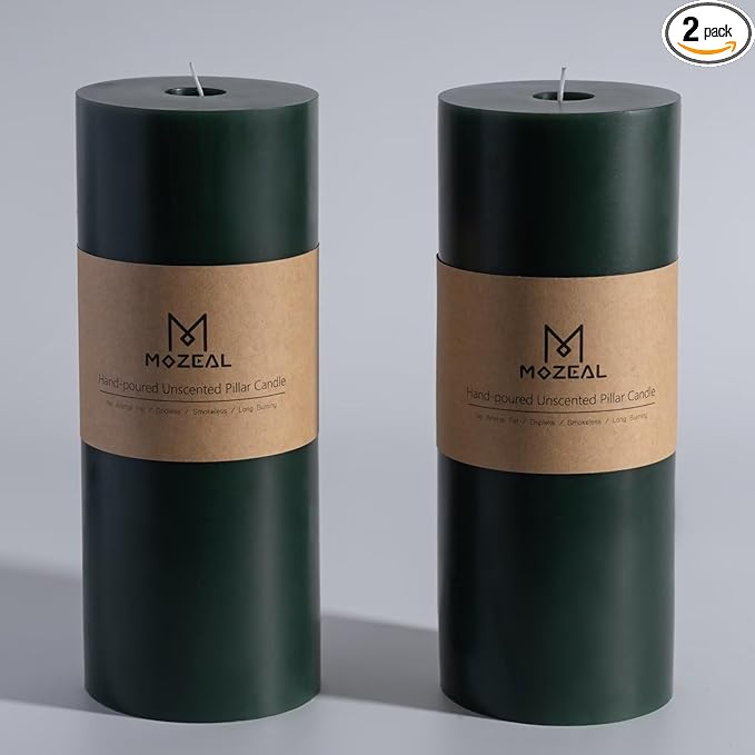 MOZEAL 4" x 10" Extra-Large Dark Green Pillar Candles (Set of 2),Unscented,Dripless, Smokeless,Long