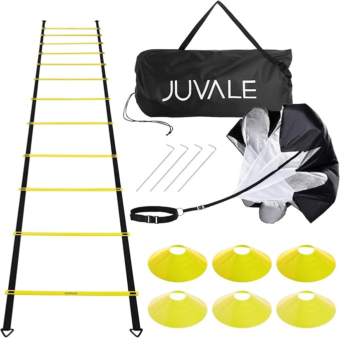 Juvale Agility Ladder Set - 20 ft Adjustable Ladder - 6 Yellow Disc Cones & Resistance Parachute