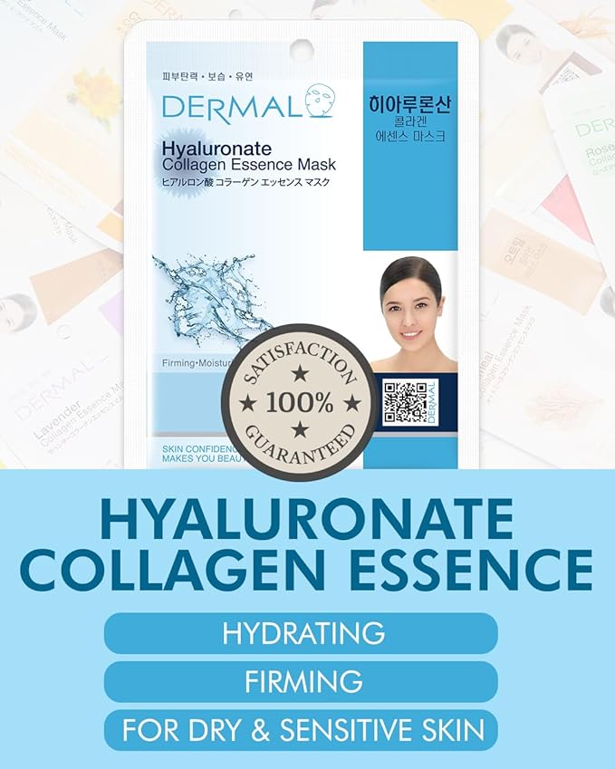 DERMAL Hyaluronate Collagen Essence Facial Mask Sheet 23g Pack of 10 - Hydro Boost Moisturizing for