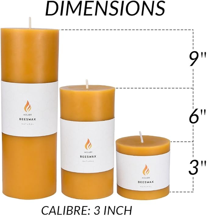 3PCS 3"x 6" Large Beeswax Pillar Candles, Made of Pure Natural Beeswax, with Ultra Long Burning