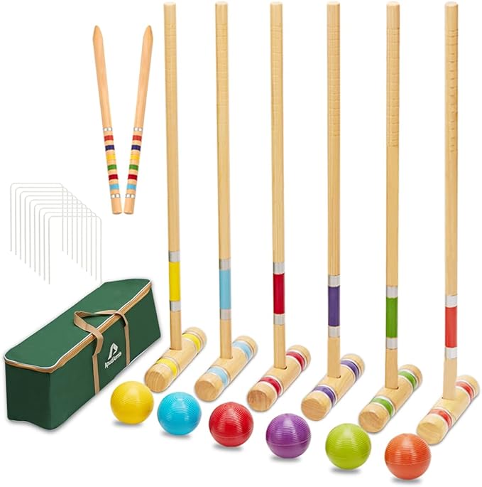 ApudArmis Six Player Croquet Set with Premiun Rubber Wooden Mallets 28In,Colored