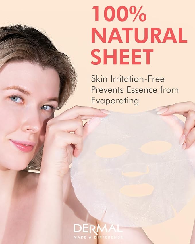 DERMAL Strawberry Collagen Essence Facial Mask Sheet 23g Pack of 10 - Pore Tightening & Sebum
