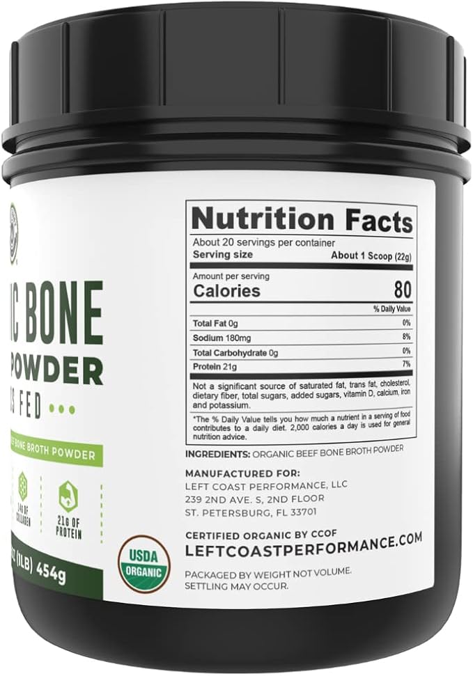 16oz Organic Bone Broth Protein Powder from Grass Fed Beef - USDA Certified Organic, Single