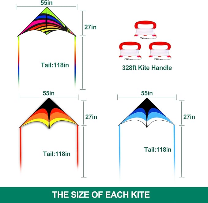 Mint's Colorful Life 3 Pack Delta Kite Set for Kids & Adults, Easy to Fly Large Kites for