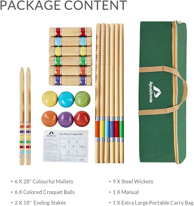 ApudArmis Six Player Croquet Set with Premiun Rubber Wooden Mallets 28In,Colored