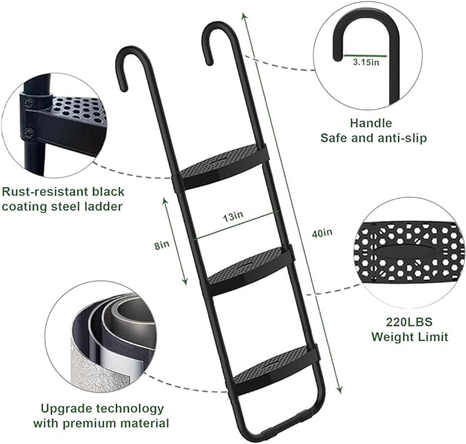 Eurmax USA Universal Easy-to-Assemble Trampoline Ladder, 3 Steps with Wide Steps, Storage Bag, 220