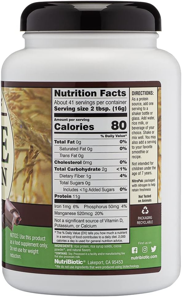 NutriBiotic Chocolate Rice Protein, 1 lb. 6.9 oz | Low Carb, Vegetarian & Keto-Friendly Raw Protein