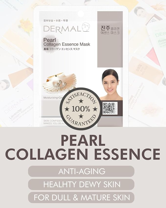 DERMAL Pearl Collagen Essence Facial Mask Sheet 23g Pack of 10 - Clarify Skin, Skin Smooth, Daily
