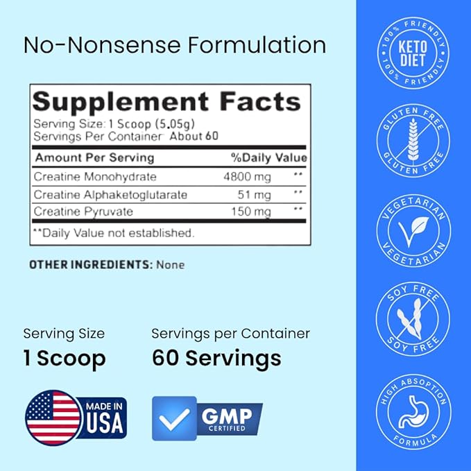 Crazy Muscle Creatine Monohydrate Powder, 5000mg Premium 3X ThreeAtine Pre Workout Mass Gainer