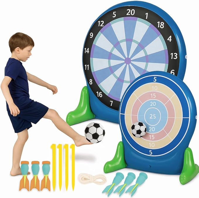 Hearthsong Jumbo 57-Inch Inflatable 2-in-1 Darts and Soccer Set with Double-Sided Scoreboard, Two