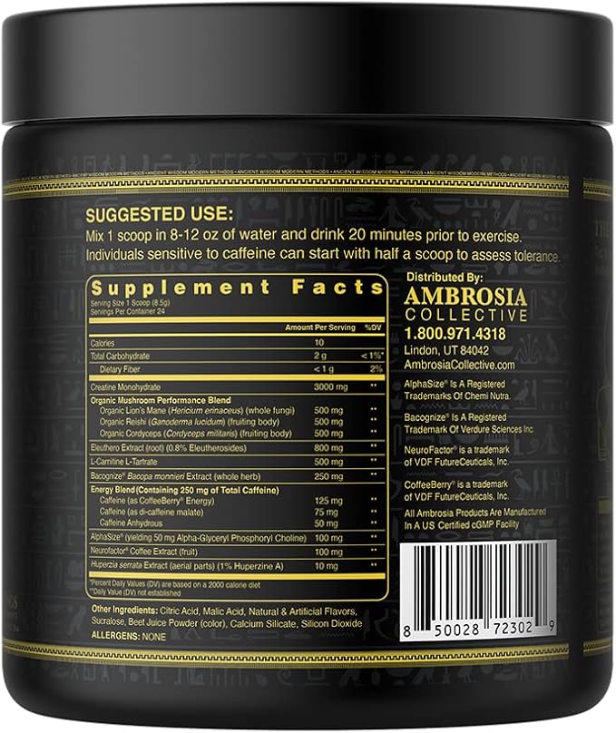 Ambrosia Kinetic Organic Preworkout, Mushroom Enhanced Natural Pre Workout Supplement, Nootropic