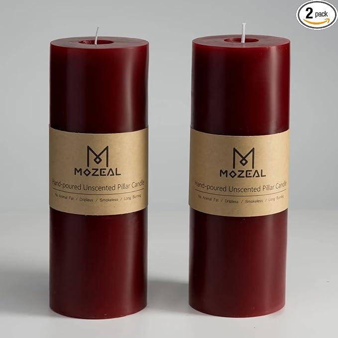 MOZEAL 3" x 8" Hand-Poured Unscented Large Candle,Smokeless Rustic Pillar Candle Set of 2,Slow