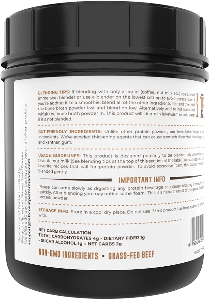 16oz Chocolate Bone Broth Protein Powder From Grass Fed Beef - Non-GMO Ingredients, Gut-Friendly