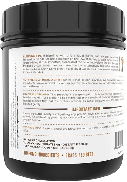 16oz Chocolate Bone Broth Protein Powder From Grass Fed Beef - Non-GMO Ingredients, Gut-Friendly