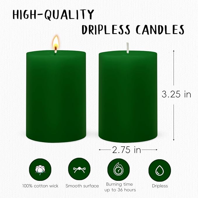 6 Packs 2.75x3.25 Inch Green Pillar Candles, Unscented Dripless Non-Toxic Smokeless Clean Long