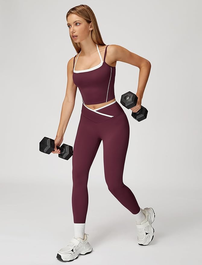 ABOCIW Workout Sets for Women 2 Piece Color Block Strappy Sports Bra High Waist Leggings Gym Yoga