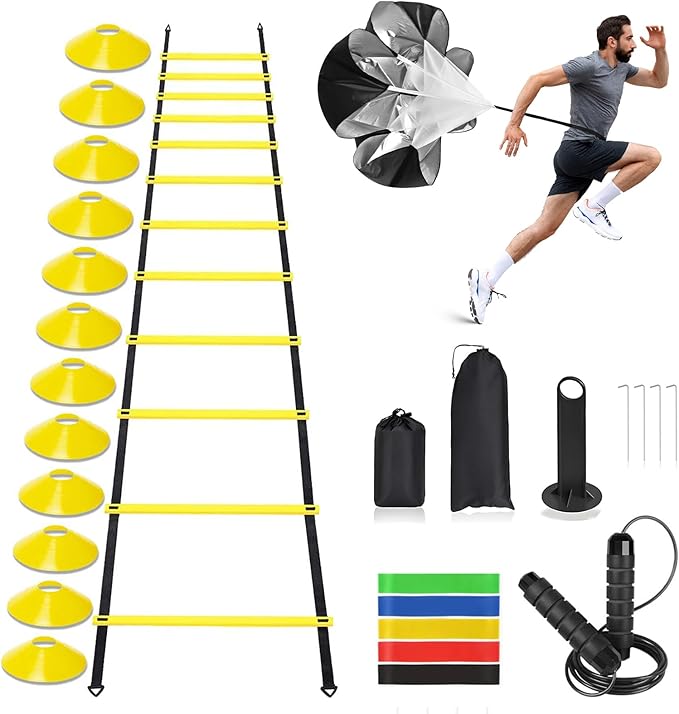 Agility Ladder, Speed Training Equipment Set, 20ft 12-Step Agility Ladder with 4 Fixed Steel