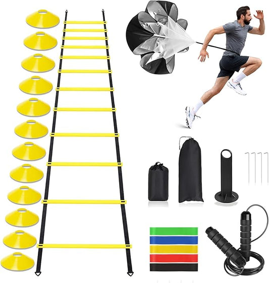 Agility Ladder, Speed Training Equipment Set, 20ft 12-Step Agility Ladder with 4 Fixed Steel