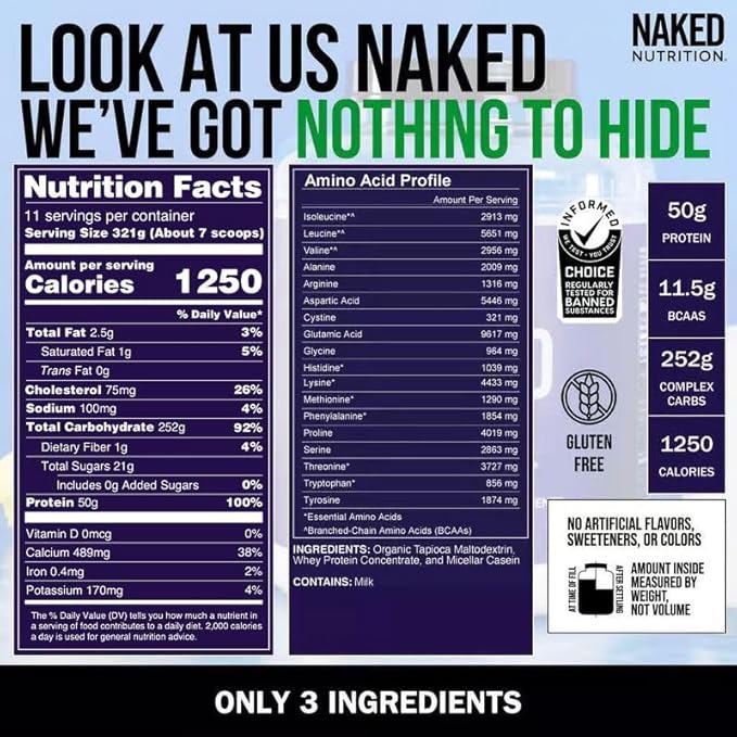 NAKED Mass - Natural Weight Gainer Protein Powder - 8 LB Bulk, GMO Free, Gluten Free & Soy Free. No