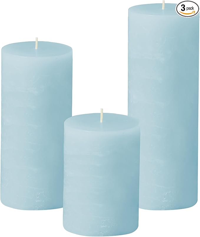 Simply Soson 3x4, 3x6, 3x8 inch Light Blue Pillar Candles, Set of 3 Pillar Candles, Rustic Texture