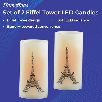 SAGEFINDS Eiffel Tower LED Candles, Set of 2, Flameless Real Wax Pillar Candles, Battery Operated