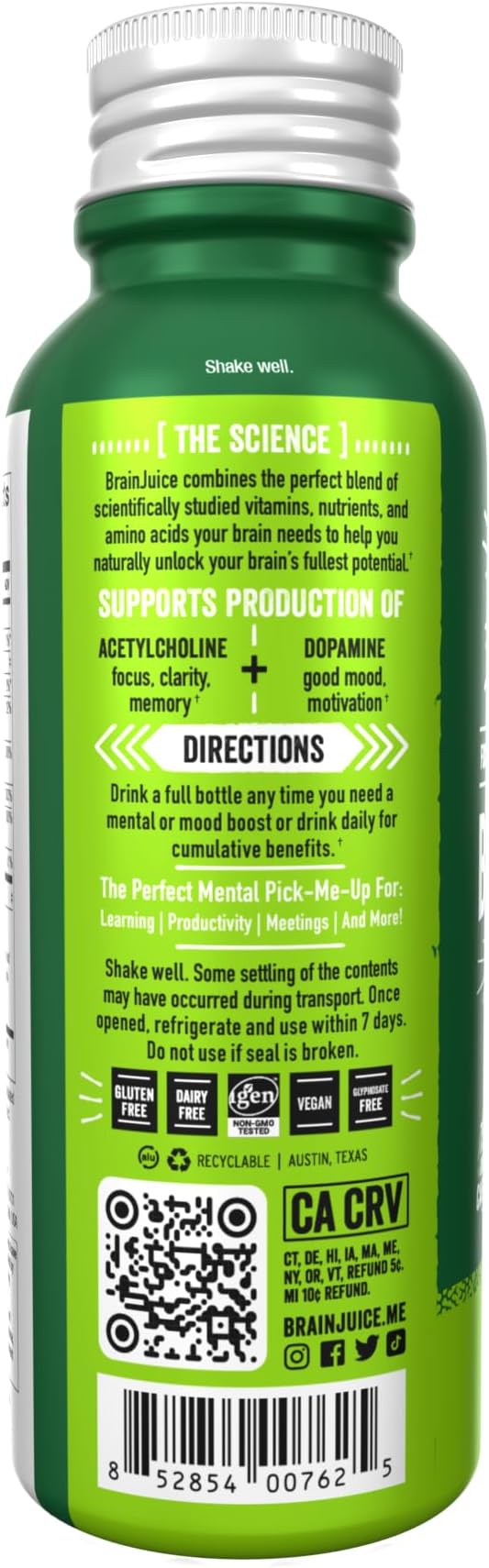 BrainJuice Focus & Energy Drink Shots, Nootropics with Alpha GPC, B Vitamins & Organic Green Tea